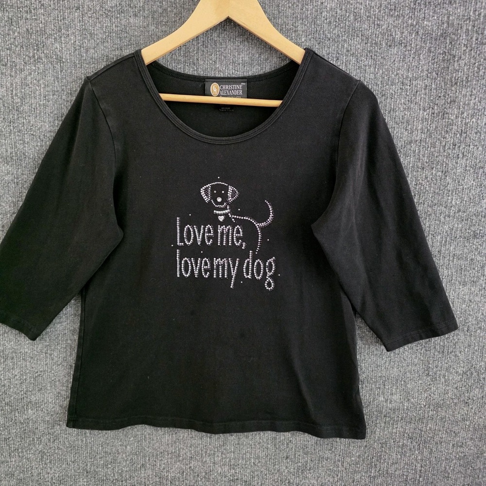 Christine Alexander M Dog Rhinestone Top 3/4 Sleeve Black Bling Shirt Rhinestone